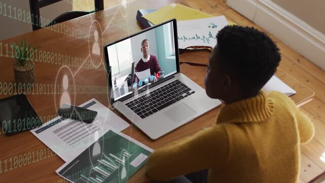 Woman at table receiving live call, reviewing business charts with left-side network overlay