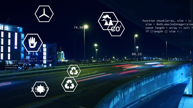 Hand icon appearing triggers hex icons clustering to grid over roadway, displaying eco metrics