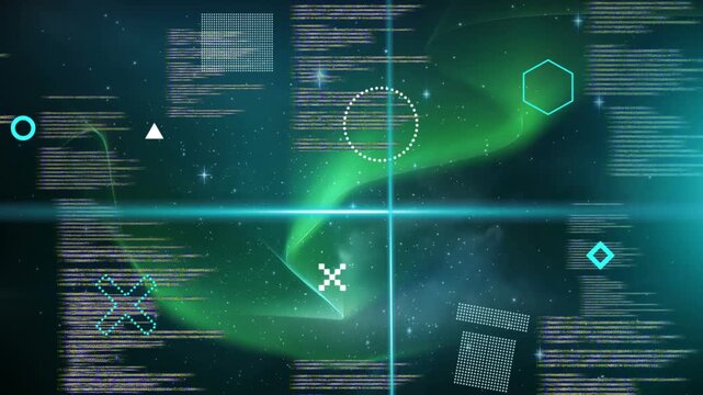 Scanline crossing, vertical beam forming crosshair, aurora and HUD shapes animating for sensor scan
