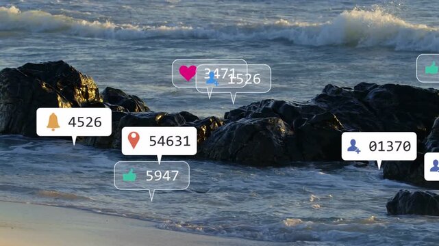 Notification callouts starting frame 2 over rocky shoreline, clustering to show rising engagement