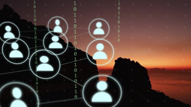 Glowing ring appearing avatar nodes fading spreading connecting across sunset coast to show network