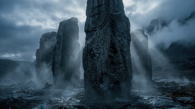Ancient Stone Monoliths Emerging from Dawn Mist with Intricate Carvings