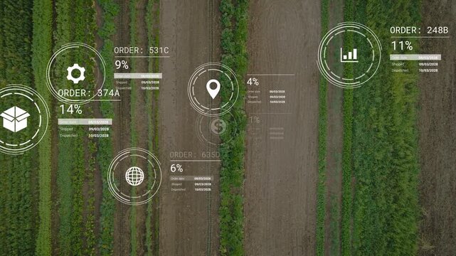 HUD appearing, graphics emerging, spreading, stacking, updating order metrics for crop monitoring