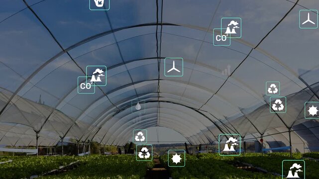 Sensors firing, data overlay appearing over tunnel, icons floating clustering, showing crop metrics