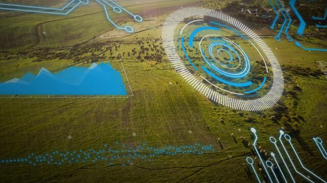 Circular HUD emerging after scan, pulsing and rotating while mapping herd movement for monitoring