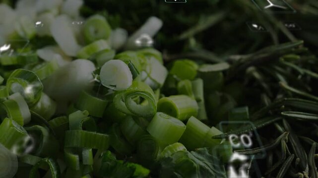 UI overlay activating, scallion pile in focus while soft power CO2 icons entering and showing eco