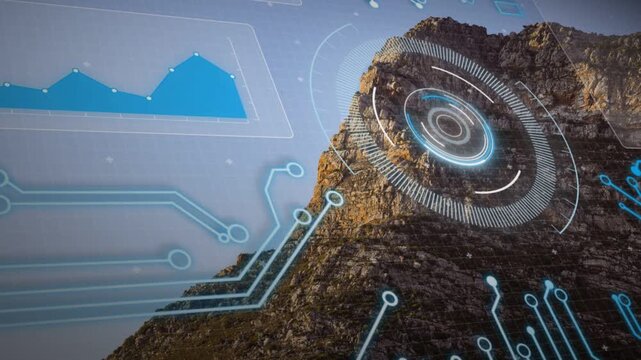 Cliff HUD emerging from signal pulse, circuits extending, rotating and pulsing while scanning cliff