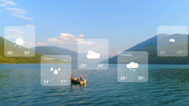 Two men fishing on lake, forecast widgets sliding from left overlaying boat showing 5-day forecast