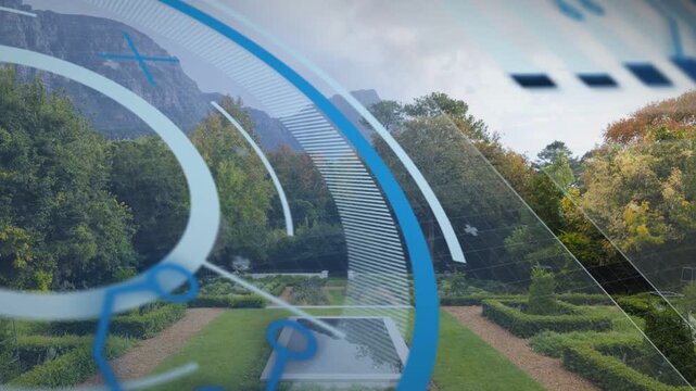 Blue graphics appearing from left edge, sweeping, scaling over garden pool, framing hedges with HUD
