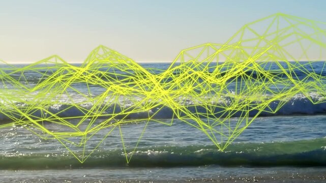 Neon wireframe mesh animating across midline with surf advancing driving mesh growth showing waves