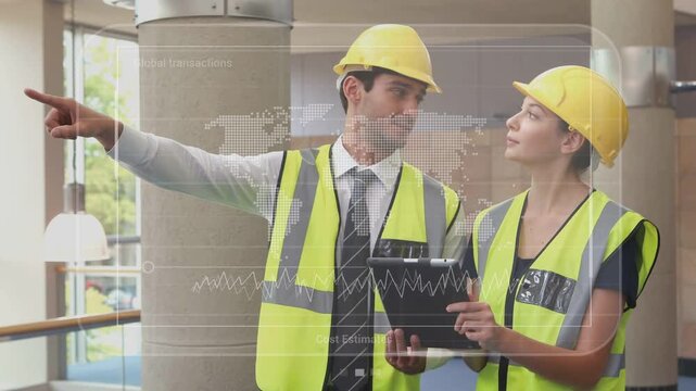 Man tapping tablet and pointing at construction site HUD showing Cost Estimates woman checking data