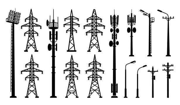 Industrial Stadium Lighting and Power Transmission Tower Silhouette Collection Vector Illustration