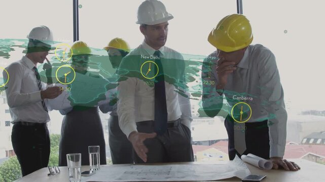 Green map overlay fading in above plans, construction team leaning, pointing clocks and scheduling