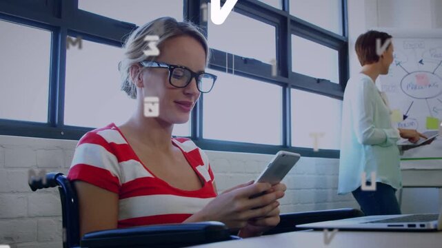 Seated woman tapping smartphone, starting second frame alphanumeric overlay, visualizing tech data