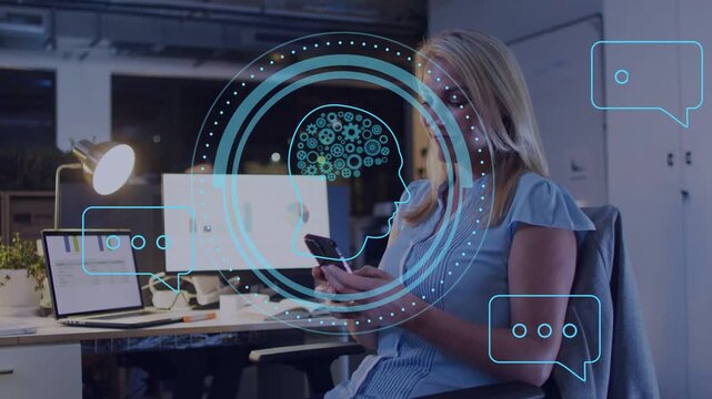 Woman tapping smartphone in office, causing pulsing brain HUD and rising chat bubbles for business