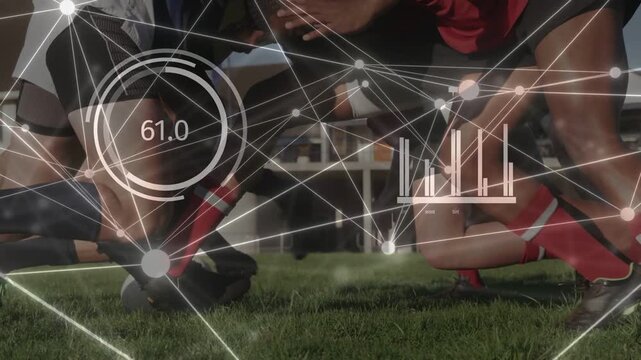 Rugby players pushing, seeking possession as ball being fed into tunnel, overlay analytics updating