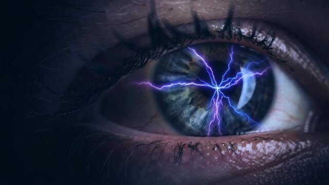 Close up of a human eye glowing with blue and purple lightning streaks pulsing with energy