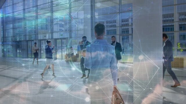 Businessman entering atrium with bag, heading to office as network overlay linking phones and bags