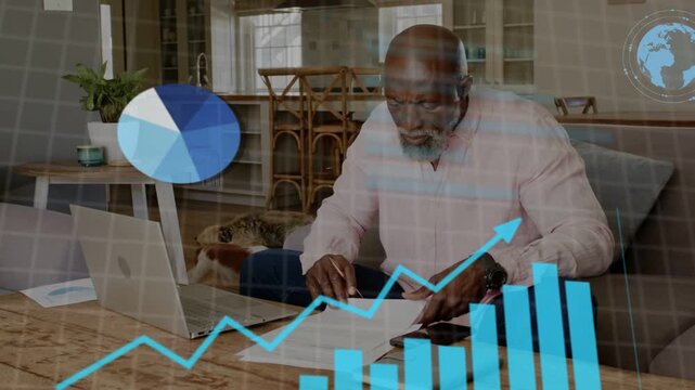 Man sorting finance papers on sofa after overlay charts appearing and collecting data on phone