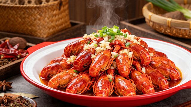 Steaming cooked crayfish in red sauce