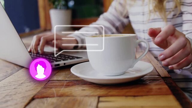 Incoming pink avatar, woman typing, reaching, lifting cup, replacing cup, continuing work
