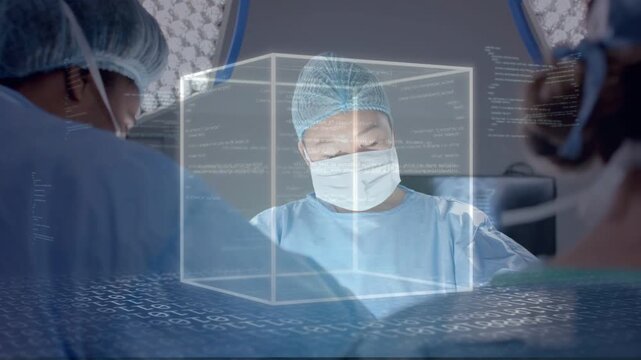 Lead surgeon operating in OR, software activating 3D cube annotating field, assisting team