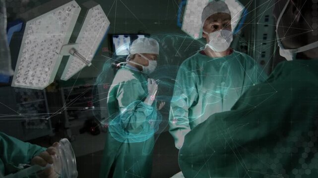 Surgical team responding as teal AR overlay projecting over table, prepping ambu mask for surgery