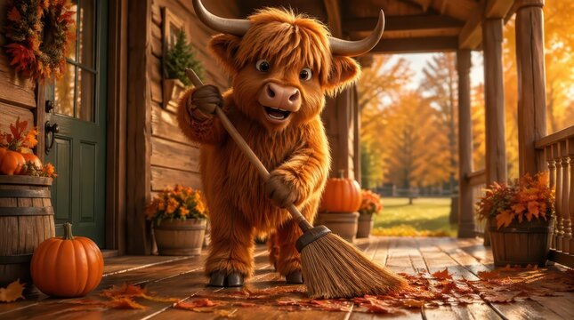 High Quality 3D Asset Of A Cute Highland Cow Sweeping Autumn Leaves On A Porch, Gigapixel Standard Details For A Vibrant Seasonal Scene, Cinematic Widescreen View Of A Cheerful Farmyard Animal Mascot.