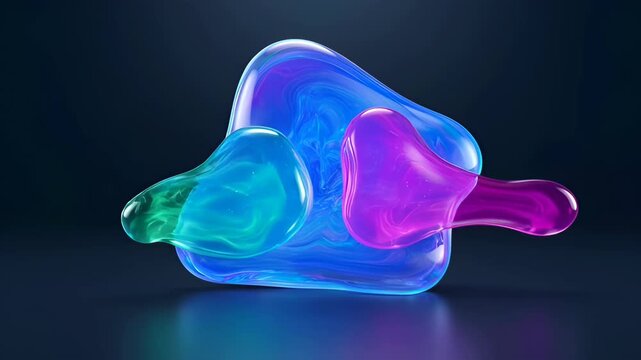 Abstract liquid fluid blob organic blue magenta translucent glossy colorful 3D render on dark background with soft reflection and glass shape