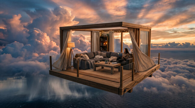 Woman relaxing on floating living room above clouds at sunset with book and cozy atmosphere.