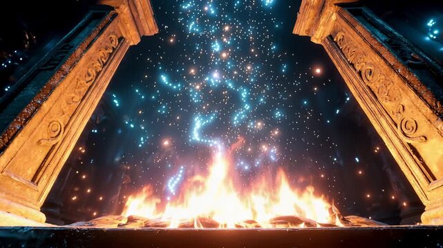 ミステリアスな遺跡の中の台座で燃える幻想的な炎と光