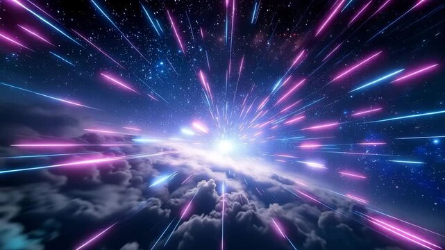 雲と星空の間に放射状に伸びる紫と青の光