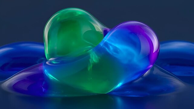 Abstract liquid fluid blob organic blue green purple translucent glossy smooth gel surface dark background, transparent colorful dome with soft light and glossy form, glass form with soft reflection