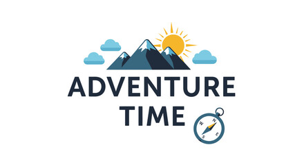 Naklejka premium Adventure Time Logo: Mountains, Sun, Clouds, Compass, Vector Graphic