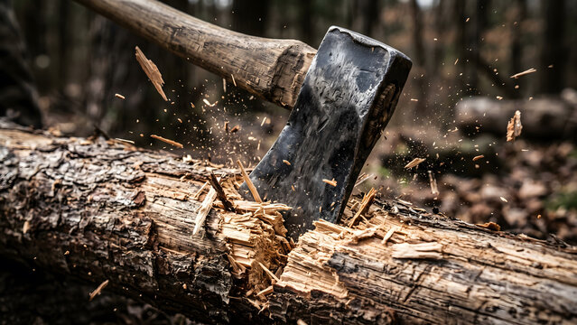 Sharp Axe Splitting a Wooden Log with Flying Chips in the Forest