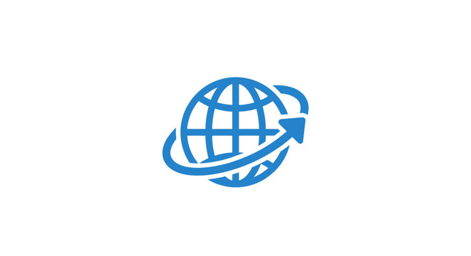 A blue globe icon with an arrow circling around it on a white background