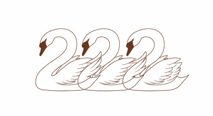 Fototapeta premium Three elegant swans swimming in a line, minimal outline drawing, white background