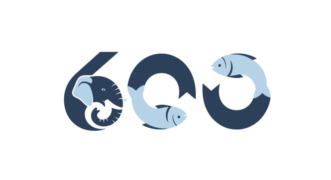 Creative Logo Design: Elephant, Fish, and Number 600 on White Background