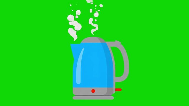 A vibrant 2D animated cartoon loop featuring a blue kitchen kettle boiling with steam clouds escaping against a solid chroma key green screen. Perfect for custom video compositing, culinary presentati
