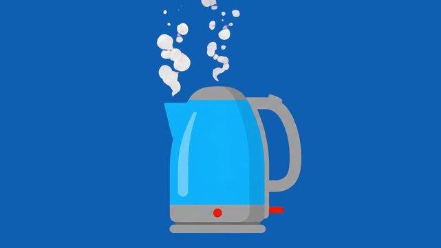 A flat 2D vector animation of a modern blue electric kettle boiling hot water with cartoon steam puffs rising from the top against a solid blue backdrop. Great for kitchen explainer videos, morning ro
