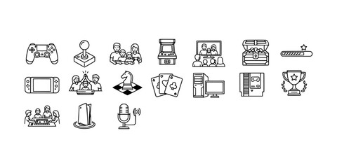 Icon set collection of video game hardware and symbols including controllers, consoles, arcade machines, board games, and competitive esports trophies. © Raka Firdaus 