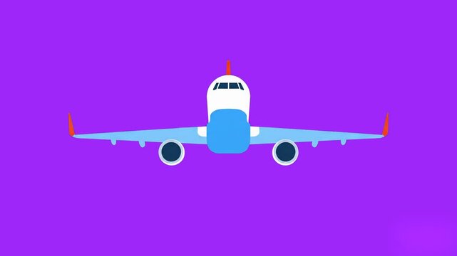 A symmetrical 2D vector animation of a white and blue passenger jet liner airliner flying forward against a flat purple backdrop.