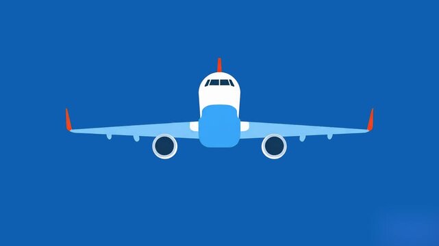 A stylized blue and white commercial airplane flies directly toward the camera against a solid blue background. Ideal for travel apps, flight tracking UI, aviation concepts, and vacation motion graphi