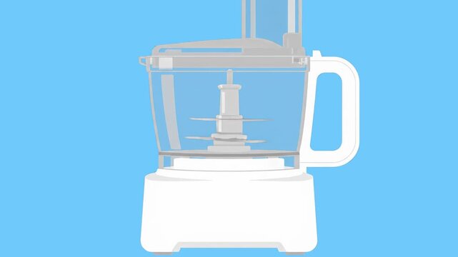 A 2D animated graphic of a white kitchen food processor and blender unit on a blue background. Suitable for cooking shows, culinary explainer videos, and home appliance advertisements.