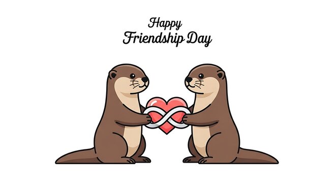 Happy friendship day with playful otters holding infinity heart symbol illustration.