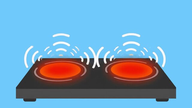 A vector concept animation showing two hot zones on an induction cooktop glowing orange with circular wave signals emitting above them. Great for commercial culinary guides, modern kitchen technology 