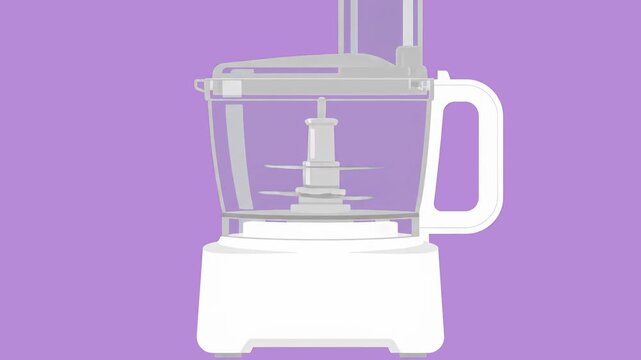 A clean flat-style vector graphic animation illustrating a white modern kitchen food processor unit over a pastel purple background. Perfect for recipe videos, culinary explainers, and household appli