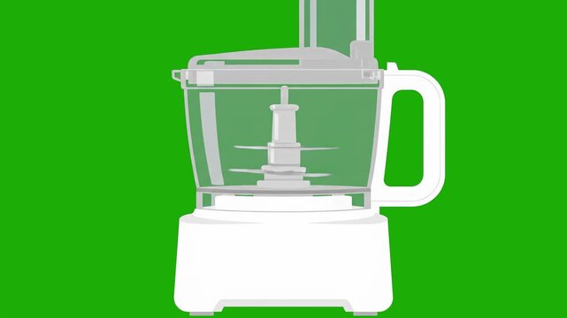 Modern white kitchen food processor with transparent bowl isolated on a solid green screen key background. Ideal for cooking tutorials, kitchen appliance ads, culinary blog graphics, food preparation 