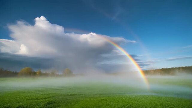 Rainbow Over Misty Green Meadow 4K Generative AI