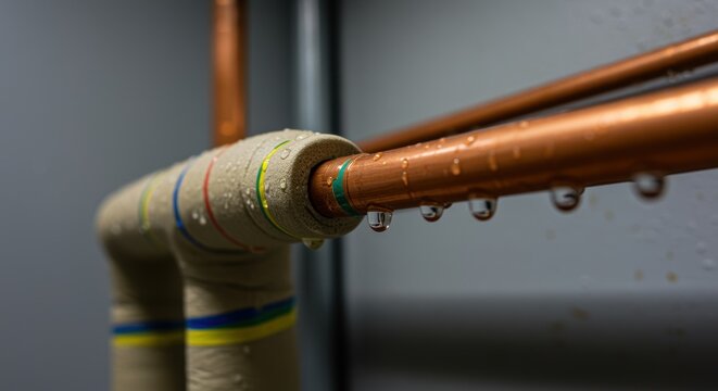copper pipe leaking with water droplets in industrial insulated plumbing system